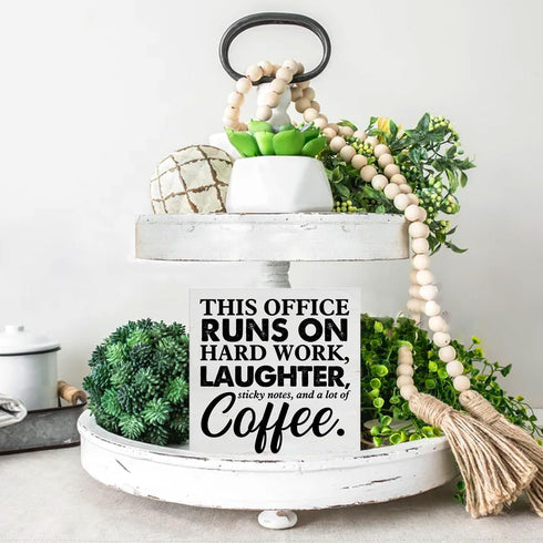 Coworker Gift This Office Runs on Hard Work Wooden Box Sign Office Theme Desk Decorative Wooden Sign Office Decor for Desk Table Shelf 5 x 5 Inche...