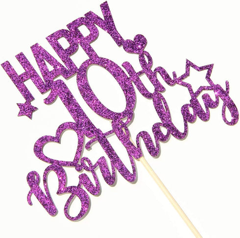 Purple Glitter Happy 10th Birthday Cake Topper for Cheers to 10 Years - Children's Birthday Party Cake Decorations...
