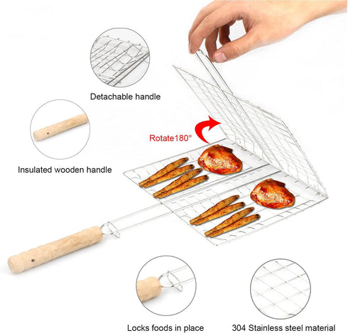 Barbeque Grill Basket, Portable BBQ Grilling Baskets with Long Handle, Stainless Steel Grilling Basket for Fish Vegetables Steak Shrimp Chops Outd...