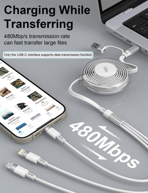 Retractable iPhone Charger, 3-in-1 Multi Charging Cable, 100W Fast Charging USB-C/A to Lightning/USB-C/Micro Retractable USB-C Cable for iPhone 15...