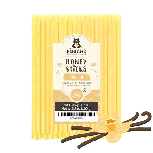 The Honey Jar Vanilla Flavored Honey Sticks - Pure Honey Straws For Tea, Coffee, or a Healthy Treat - One Teaspoon of Flavored Honey Per Stick - M...