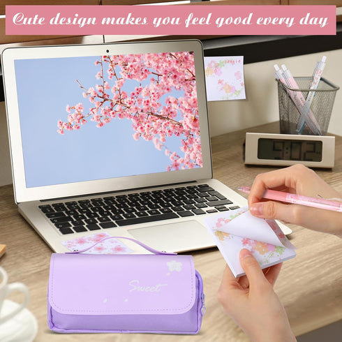 Crtiin 74 Pcs Kawaii Cherry Blossom Stationery Set Japanese Kawaii Pencil Bag Mechanical Pencil Cherry Erasers Pencil Refill and Stickers for Scho...