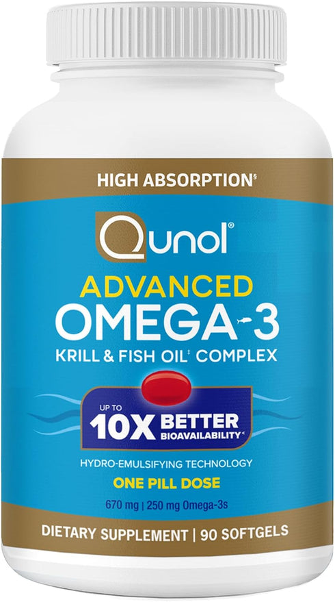 Qunol Advanced Omega 3 Krill and Fish Oil Complex, 10x Better Bioavailability, One Pill Dose, 250mg EPA & DHA, Supports Brain, Eye, Heart and Join...