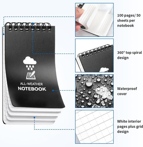 Waterproof Notebook, 3 x 5 Pocket Notepad, All Weather Small Pocket Notebook Stone Paper, Mini Spiral Notepad Weatherproof Police Notepad 100 Line...