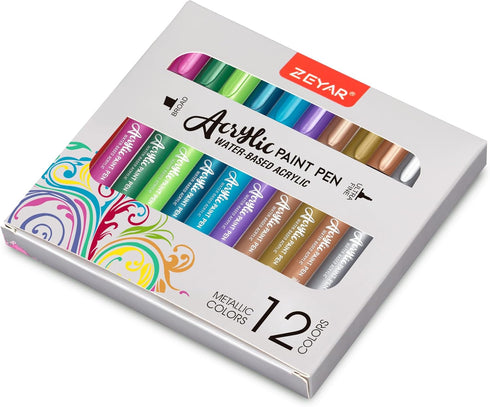 ZEYAR Acrylic Paint Pen, Needle Extra Fine and Chisel Point, 12 Metallic Colors, Waterproof Ink, Works on Rock, Wood, Glass, Metal, Ceramic and Mo...