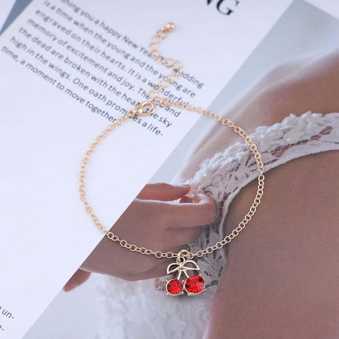 Vintage Red Cherry Anklet Chain Red Ruby Dangle Ankle Bracelet Gold Chain Anklet Bracelet Summer Beach Foot Chain Jewellery for Women...