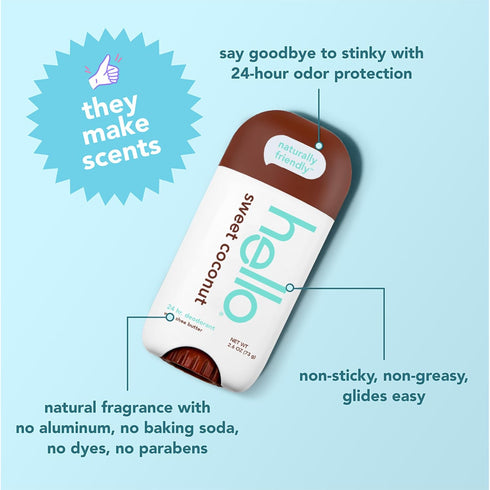hello Sweet Coconut Deodorant With Shea Butter for Women + Men, Aluminum Free, Baking Soda Free, Parabens Free, 24 Hour Odor Protection, 2.6 Ounce...