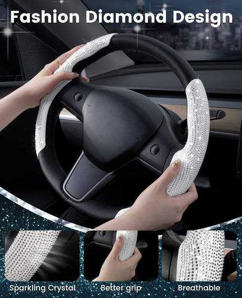 Diamond Bling Steering Wheel Cover for Tesla Model Y 2020-2024/2017-2024 Model 3,2PCS Car Steering Wheel Cover with Rhinestones Sparkling with Col...