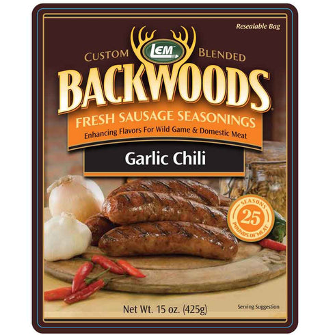 LEM Products Backwoods Garlic Chili Pepper Fresh Sausage Seasoning, Ideal for Wild Game and Domestic Meat, Seasons Up to 25 Pounds of Meat, 15 Oun...