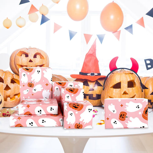 AnyDesign 6 Sheet Pink Halloween Wrapping Paper Cute Ghost Pumpkin Gift Wrap Paper Bulk Folded Flat Art Craft Paper for Halloween Birthday Party D...