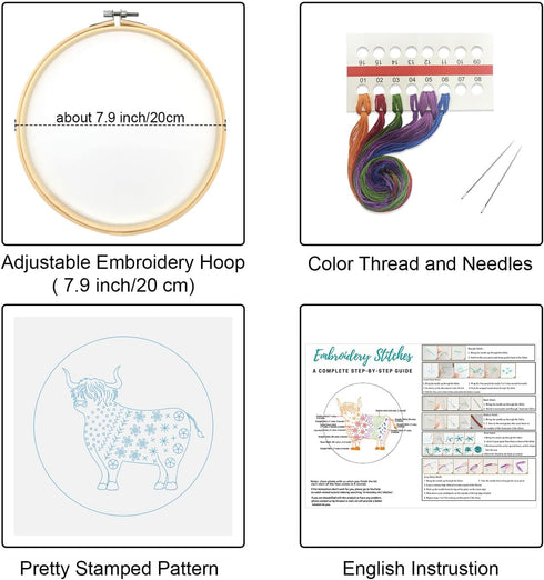 Louise Maelys Beginners Adults Embroidery Kit,Highland Cow pattern Practice kit,Starters cross stitch kit including embroidery cloth,hoop, needles...