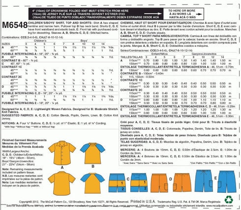 McCall's Patterns M6548 Children's/Boys' Shirt, Top and Shorts, Size CHJ (7-8-10-12-14)...