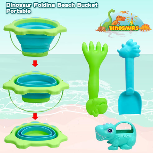Beach Toys, Sand Box Toys for Kids Outdoor, Sand Toys with 2.5L Silicone Collapsible Bucket, Dinosaur Watering Can, Shovels for Camping Gear, Fish...