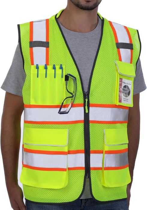 Reflective Safety Vest Yellow Mesh, High Visibility Vest with Pockets and Zipper, Padded Neck, Construction Work Vest ANSI Class 2, Yellow with Or...
