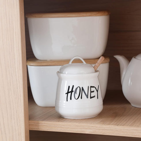 HAOTOP Porcelain Small Honey Jar with Lid and Honey Dipper 12oz (White)...