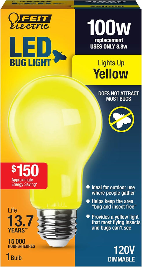 Feit Electric A19 Outdoor LED Bug Light, 100-Watt Equivalent, Dimmable LED Light Bulb, E26 Medium Base, 800 Lumens, 120V, 13 Years Lifetime, Yello...