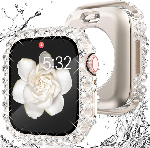 Wingle 2 in 1 Waterproof Case for Apple Watch 45mm Screen Protector Case Series 9 8 7, Bling Lace Edge Diamond Face Cover Full Glitter Rhinestone ...
