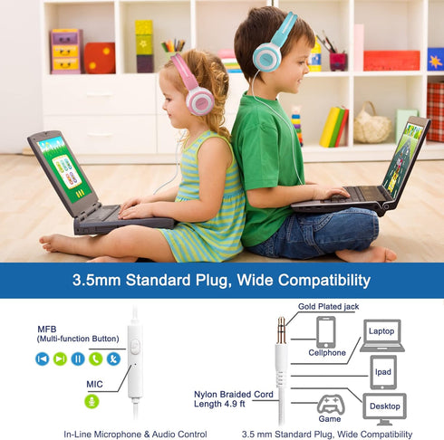 SIMOLIO Wired Headphones for Kids with Mic & Share Port, 75dB/85dB/94dB Volume Limit Children Headphone with Portable Bag for School/Travel, Sturd...