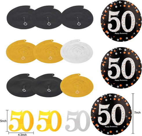 50th Wedding Anniversary Decorations Kit - Gold Glitter Happy 50th Banner / Sparkling 50 Hanging Swirls / Poms...