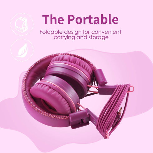 POWMEE M1 Kids Headphones Wired Headphone for Kids,Foldable Adjustable Stereo Tangle-Free,3.5MM Jack Wire Cord On-Ear Headphone for Children (Purp...