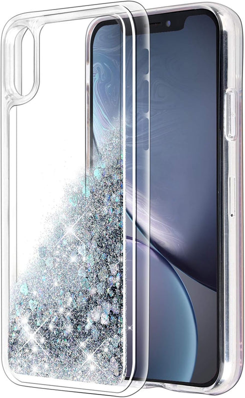 for iPhone XR Case, Double Layer Design Bling Flowing Liquid Floating Sparkle Colorful Glitter Waterfall TPU Protective Phone Case, Silver...