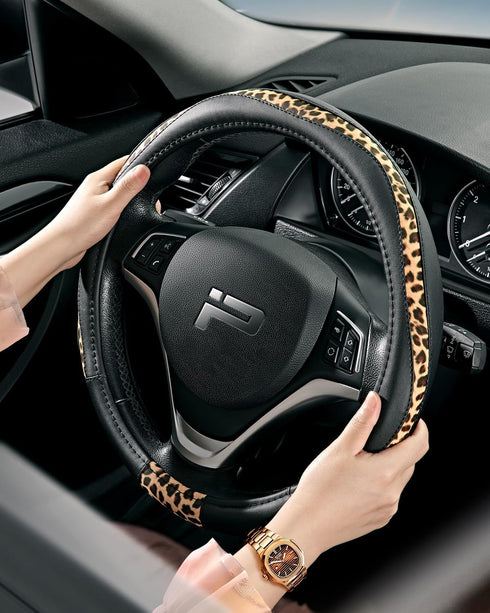 Steering Wheel Cover - Made with PVC Leather and Leopard Fabric - Universal 14 1/2 inches to 15 inches for Most Automotive Steering Wheel (Leopard...