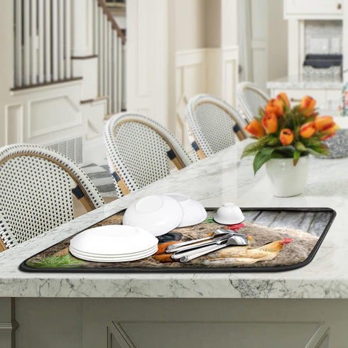 Dish Drying Mat For Kitchen Counter Rooster Chicken Hen Farm Absorbent Microfiber Kitchen Drying Mats For Dishes Reversible Countertop Dish Draine...