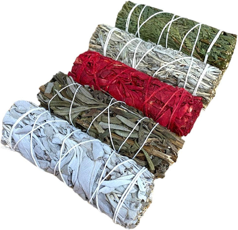 5 pcs Smudge Stick Sampler 1 Kit of White Sage, Black Sage, White Sage Dragon's Blood, Blue Sage, & Cedar - 4 Inch Hand Tied, All Natural, Ethical...