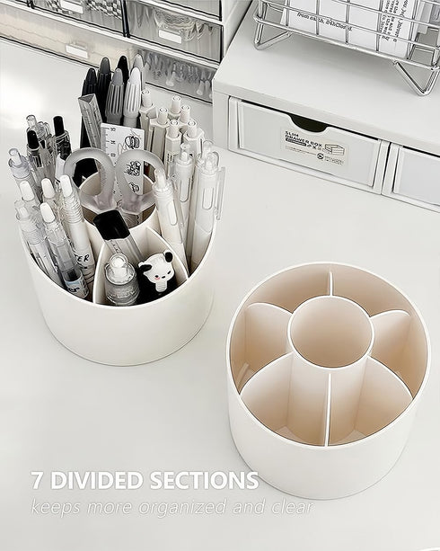 Spinning Pen Holder for Desk, Cute Pencil Cup Organizer for Home Office School, 7 Divided Sections, Pink, Unique Rotating Desktop Supplies and Acc...