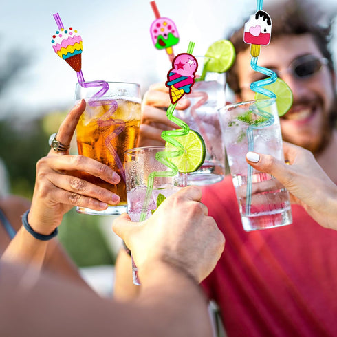 24PCS Ice Cream Drinking Straws Reusable for Kids Ice Cream Theme Birthday Party Favors Supplies Decorations with 2 PCS Cleaning Brushes (Ice Crea...