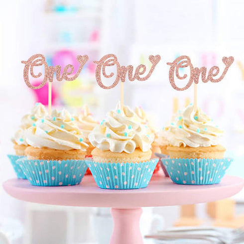 Ercadio 24 Pack Rose Gold One Cupcake Toppers 1st Birthday Cupcake Picks Baby Shower Kids First Birthday Party Cake Decorations Supplies...