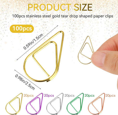 100Pcs Colorful Cute Paper Clips Small Paperclips Stainless Steel Drop-Shaped Paperclips Bookmark Clips Mini Binder Clips for Memo Paper Photo 15x...