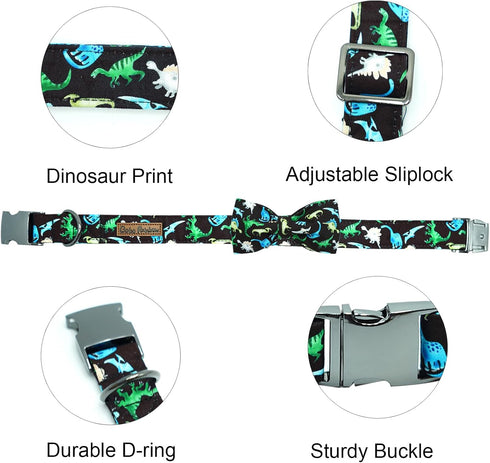 Dog Collar Dinosaur Print Pet Collar Soft Cute Dog Collar with Bow Tie Adjustable Metal Buckle Collar Gift Collar for Small Dogs...
