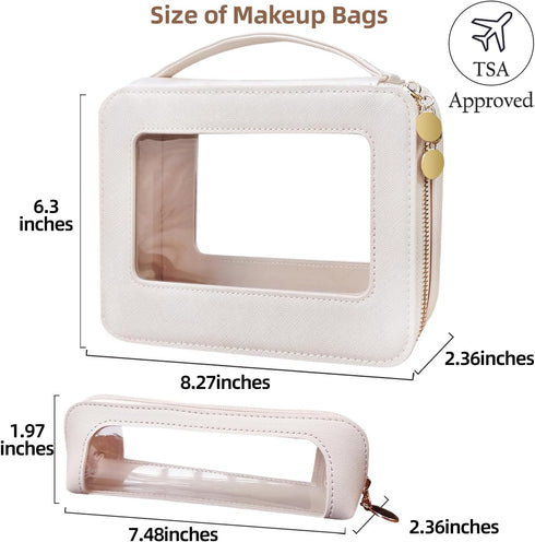 Clear Makeup Bag with Makeup Brush Bag,Double Sided Clear Toiletry Bag for Women,Portable Travel Cosmetic Bag,Makeup Case with Zipper,Leather Make...