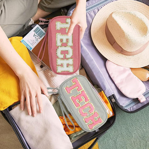 Electronics Accessories Organizer Bag with Chenille Letter Patch TECH for Women Travel Gifts, Traveling Essentials Compact Case Waterproof Must Ha...