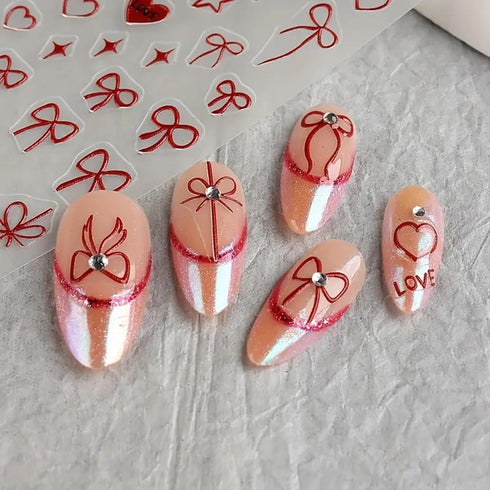 Heart Bows Nail Art Stickers Decals 4 Pcs White Red Pink Bow Tie Nail Design Stickers Bow Star Heart Nail Supplies Valentine's Day Nail Stickers B...