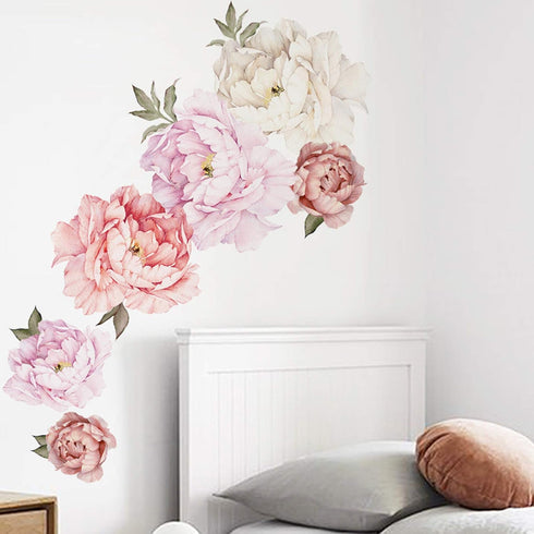 Watercolor Peony Flowers Wall Decals Floral Wall Stickers for Living Room, Delicate White & Pink Flowers Wall Posters Vinyl Blossom Art Applique f...