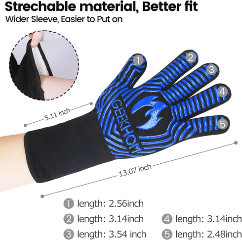 GEEKHOM BBQ Grill Gloves,1472? Heat Resistant Oven Gloves, EN407 Certified 13 Inch Flexible Barbecue Mitts Good Grip for Smoker, Baking, Cooking, ...