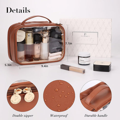 Pocmimut Makeup Bag,PU Leather Large Clear Makeup Bag Double Layer Travel Makeup Bag with Make Up Brush Bag Travel Essentials Organizers(Brown)...