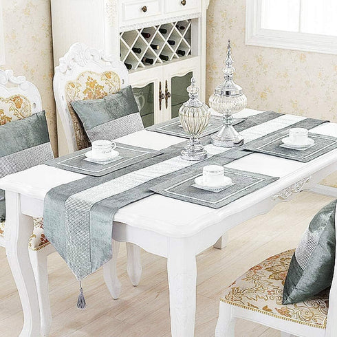 HeMiaor 33x180cm Diamante Strip and Tassels Table Runner with Sequin for Spring Wedding Birthday Baby Shower Romantic Date(Bluish Grey, 13"x72")...