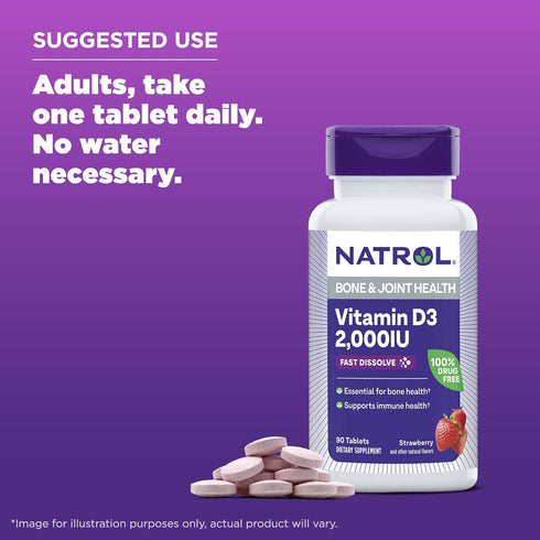 Natrol Fast Dissolve Vitamin D3 2,000 IU, Dietary Supplement for Bone and Joint Health, Bone Support Supplement, 90 Tablets, 90 Day Supply...