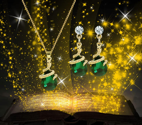 14K Gold Plated Drop Crystal Zircon Green Snake Pendant Necklace and Earring Jewelry Set...