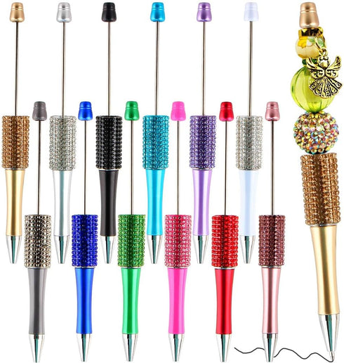 12Pcs Diamond Beadable Pens Bulk Colorful Beaded Pens Plastic Black Ink Bead Pens Ballpoint Pens Pen Making Kit DIY Pens...