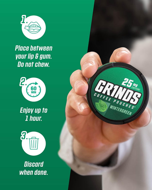 Grinds Coffee Pouches | Tobacco Free, Nicotine Free Healthy Alternative | 3 Cans of Wintergreen | 18 Pouches Per Can | 1 Pouch eq. 1/4 Cup of Coff...
