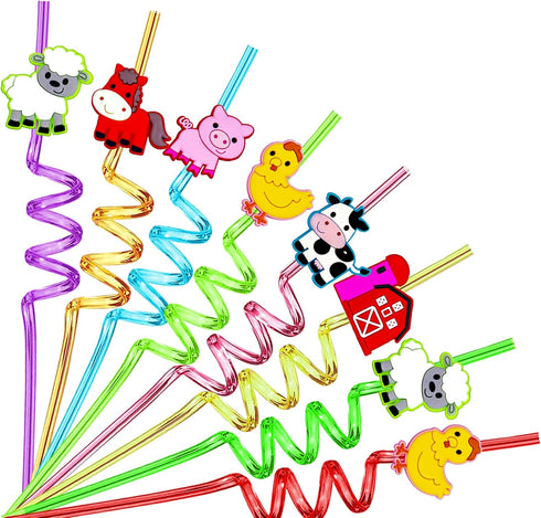 24PCS Farm Animal Drinking Straws Reusable for Kids Farm Theme Birthday Party Favors Supplies Decorations with 2 PCS Cleaning Brushes (Farm Animal...