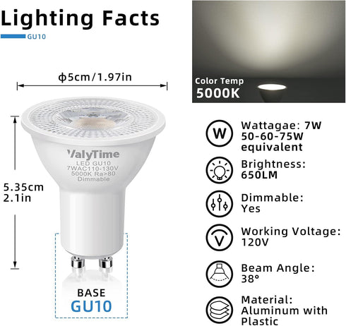 Dimmable GU10 LED Bulbs 7W(50W -60W-75W Equivalent) GU10 Light Bulbs Gu10 Shape Halogen Replacement Bulb 38°120V 650Lm for Track Spot Lighting Ind...