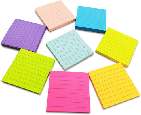 3x3 Lined Sticky Notes Bright Ruled Post Stickies Colorful Super Sticking Power Memo Pads Strong Adhesive Self-Stick Notes, 8 Pads/Pack, 82 Sheets...