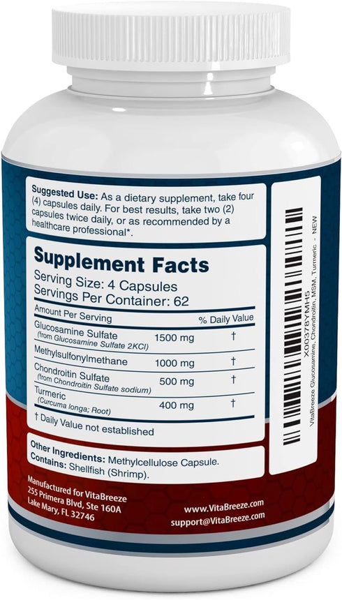 Glucosamine Chondroitin, MSM & Turmeric Dietary Supplement - 248 Capsules...