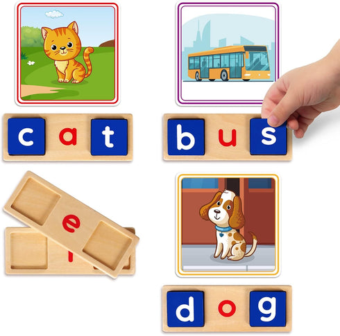 Wooden CVC Reading Spelling Game for Kids, Sight Words Flash Cards for Preschool Kindergarden Learning Activities, Montessori Educational Toys Gif...