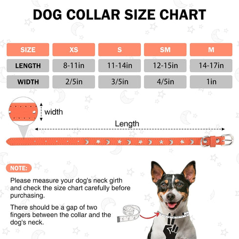 Leather Dog Collar for Puppy Small Medium Dogs, Adjustable Star Moon Rivet Studded Pet Collars with Rust-Proof Metal Buckle and Charms, XS S Dog C...